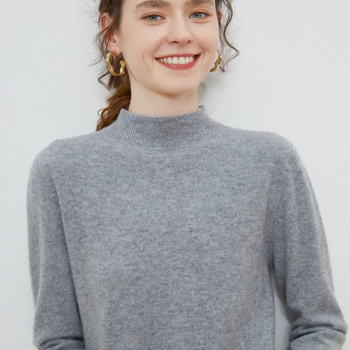 Women’s wool sweater, stand-up collar, ribbed knit, loose fit