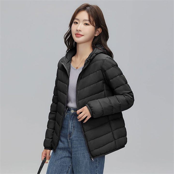 Women's down jacket, short, with hood, lightweight and warm