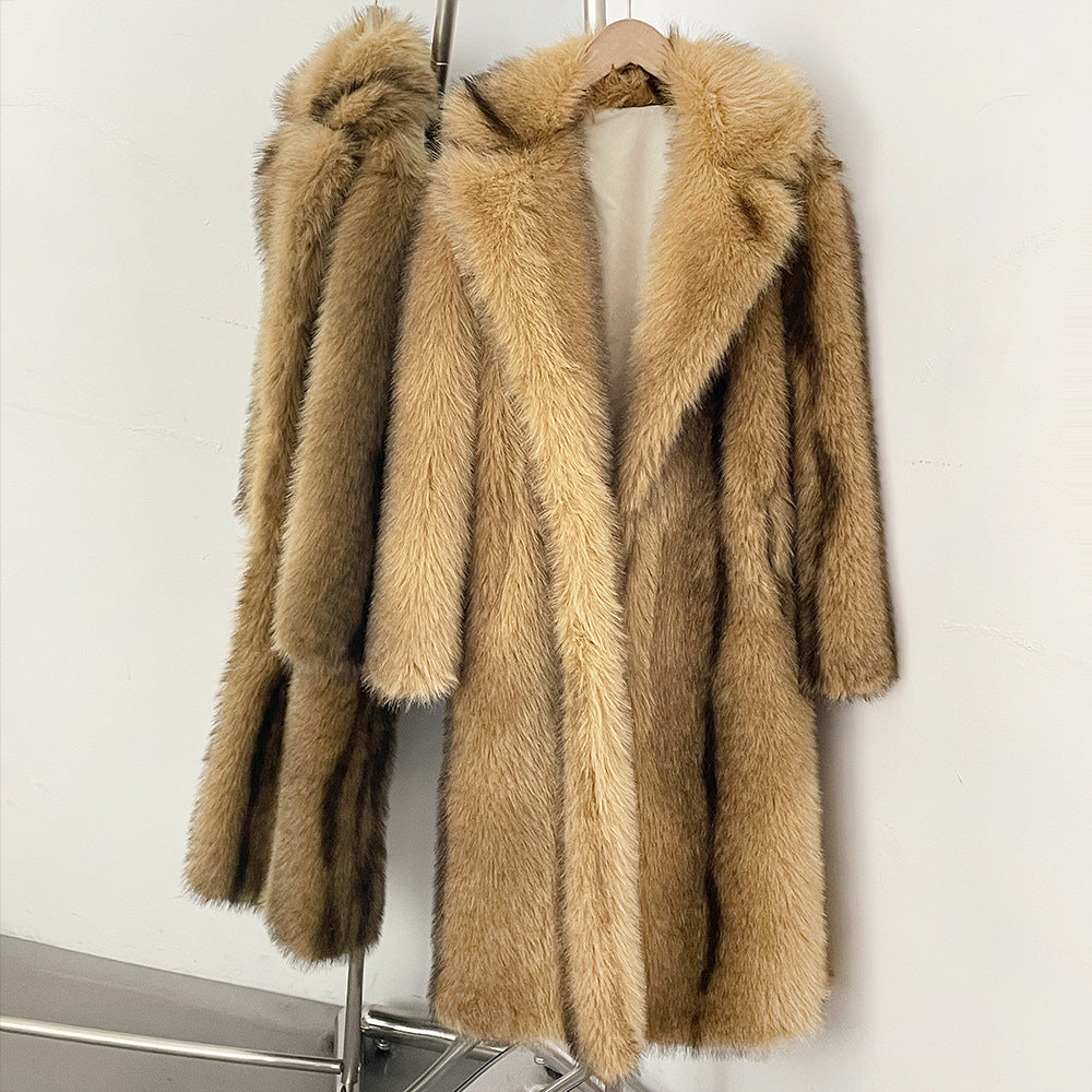 Elegant faux fur coat with lapel collar