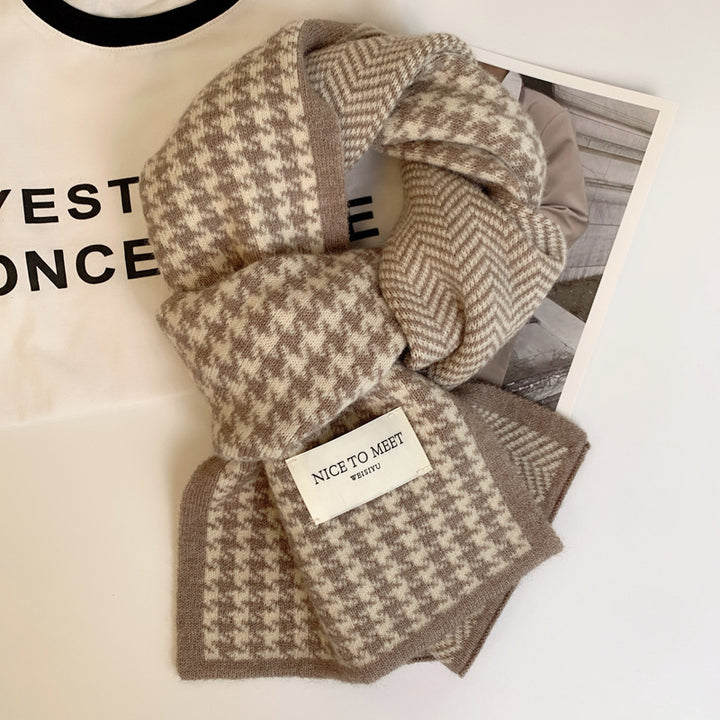 Checked knitted neck scarf, warming, for men and women
