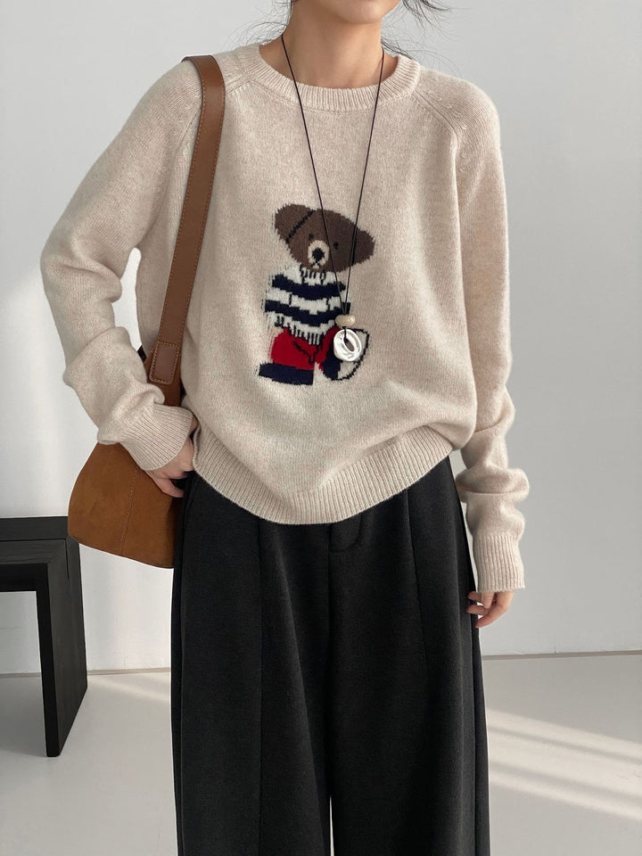 Women’s knit sweater, round neck, bear embroidery
