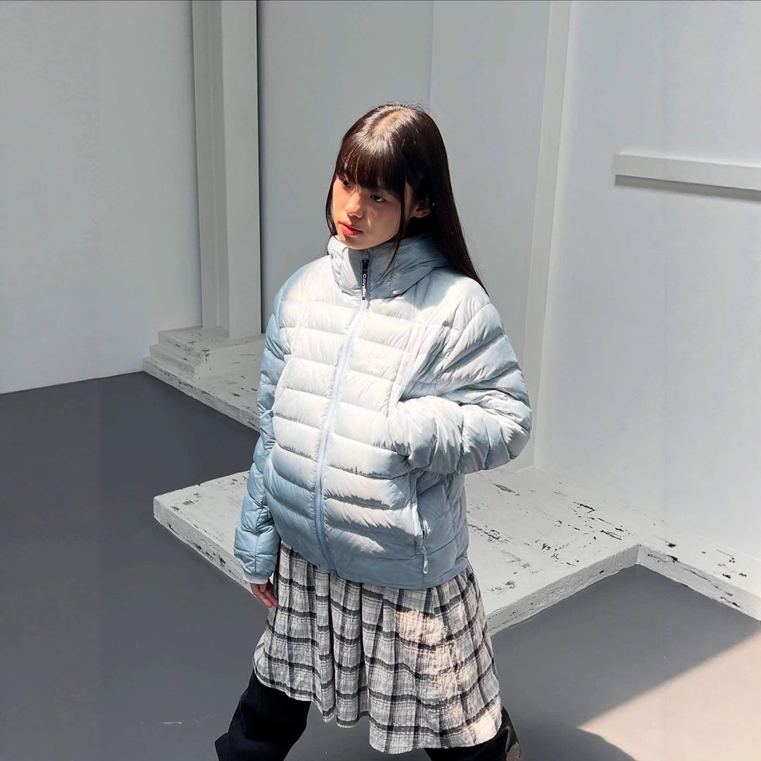 Light down jacket with hood, 90% grey duck down