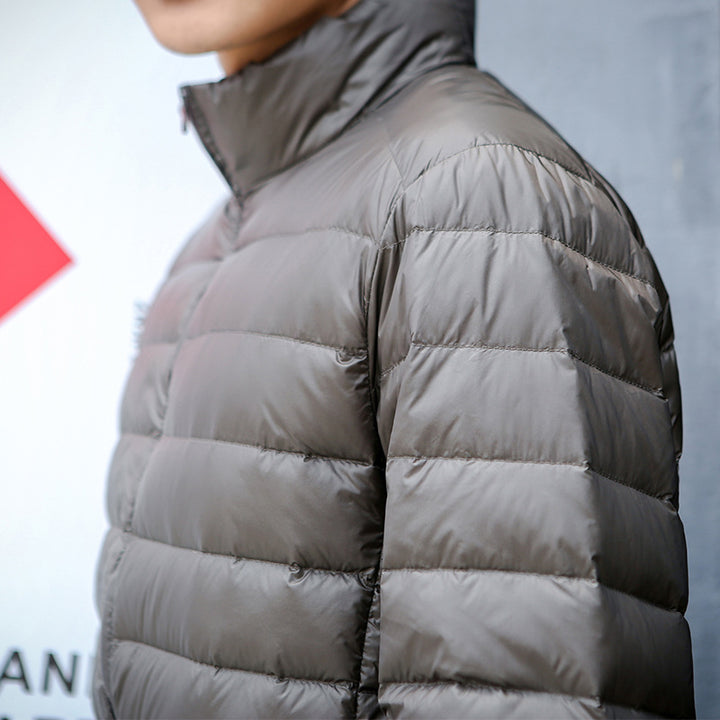 Light men’s down jacket, stand-up collar, slim fit