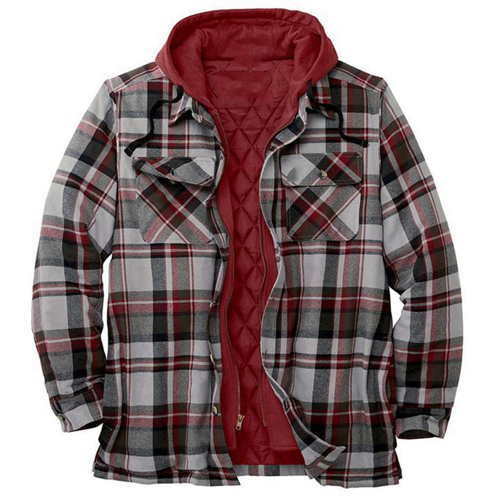 Men's shirt jacket, padded, checkered, with hood