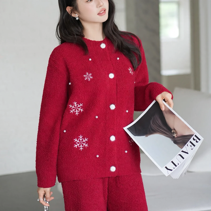 Soft flannel home suit set, red, winter