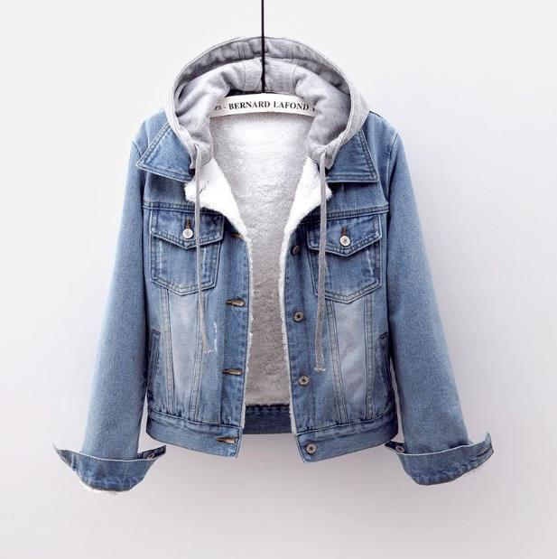 Padded women's denim jacket with detachable hood