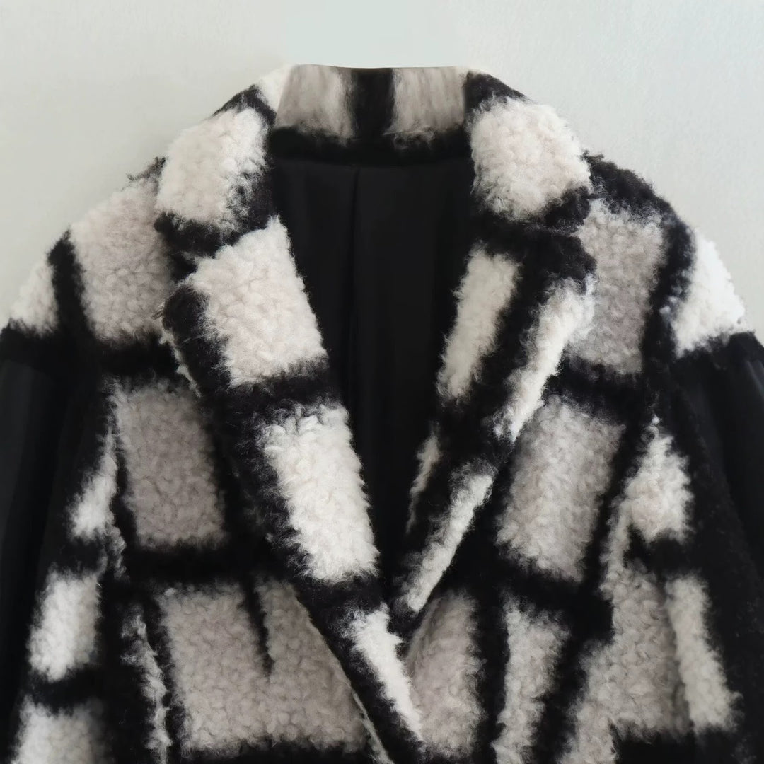 Teddy coat, checked, lapel collar, women's