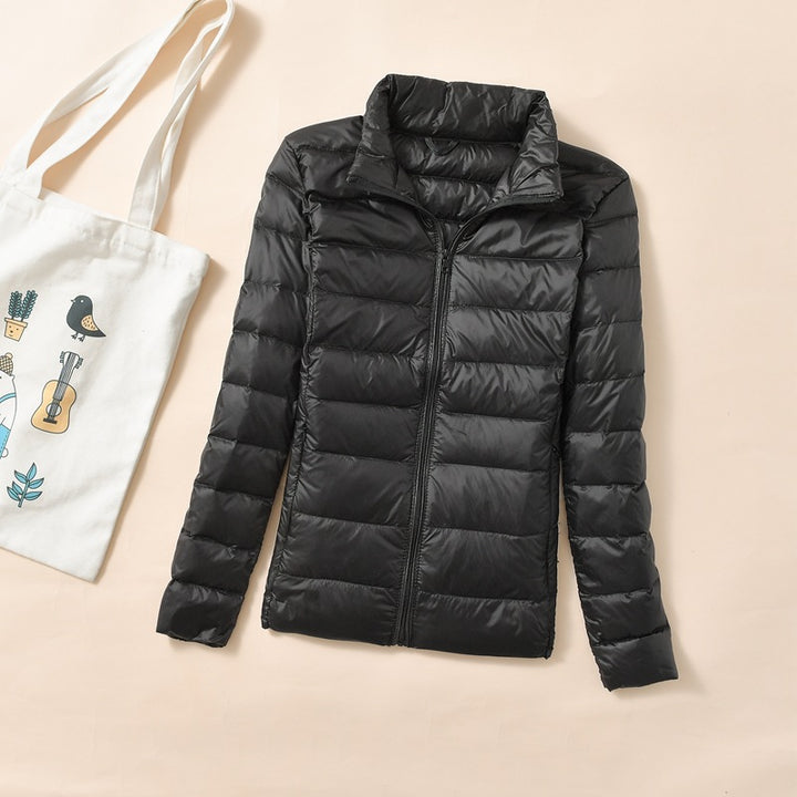 Women's down jacket, short, stand-up collar, fitted, with duck down