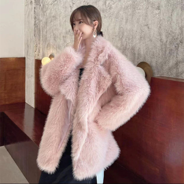 Women’s fur coat, medium length, artificial fur, winter