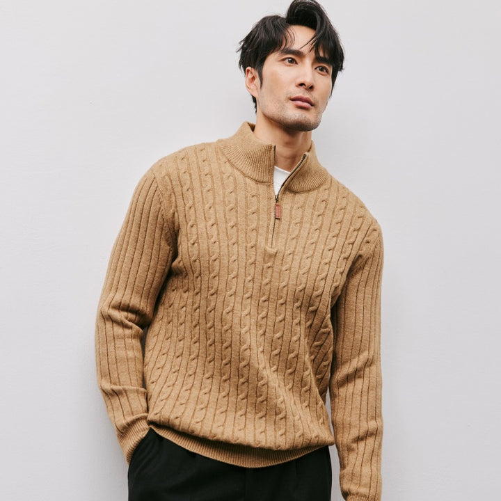 Men's knit sweater with stand-up collar and zipper