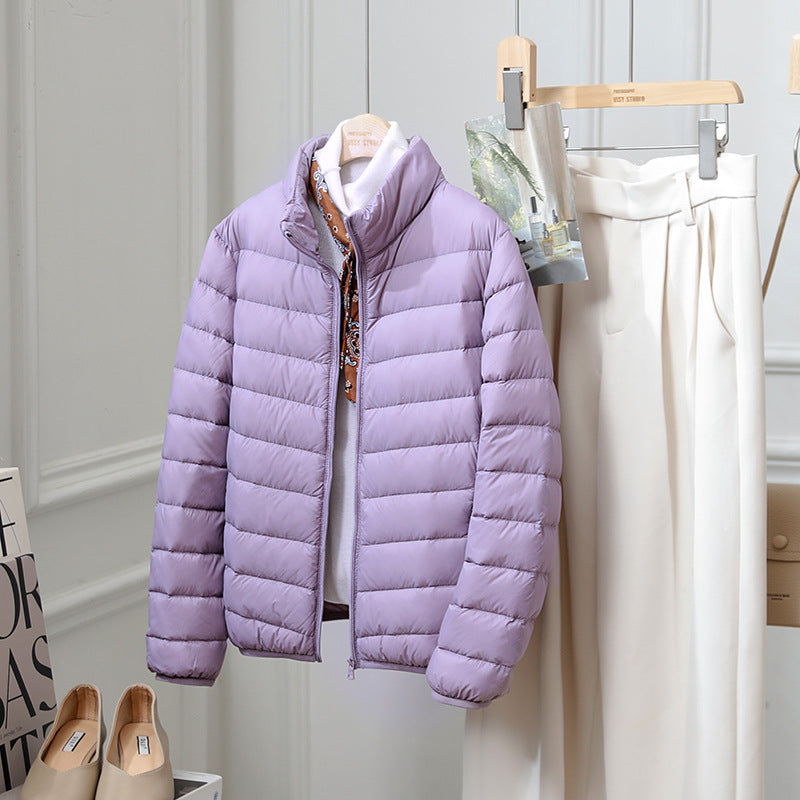 Light women's down jacket, stand-up collar, 90% duck down