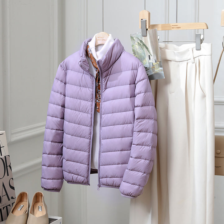 Light women's down jacket, standing collar, 90% duck down
