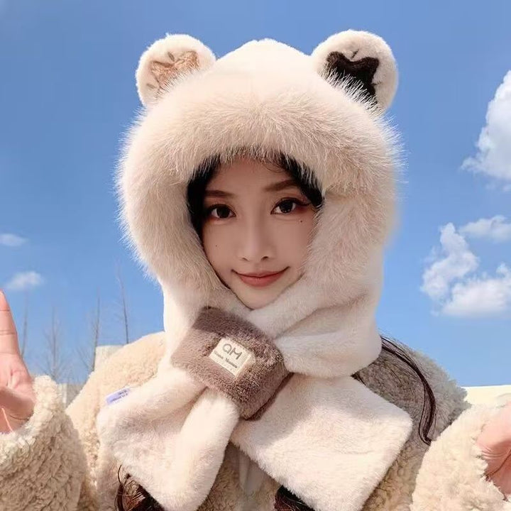 Plush hooded scarf with bear design, lined