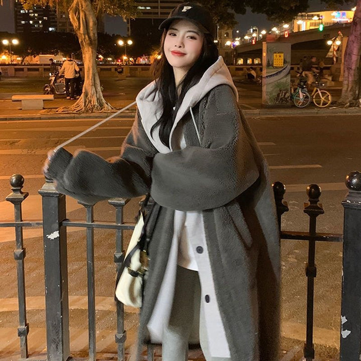 Lamb fleece hooded coat for women, long, loose fit