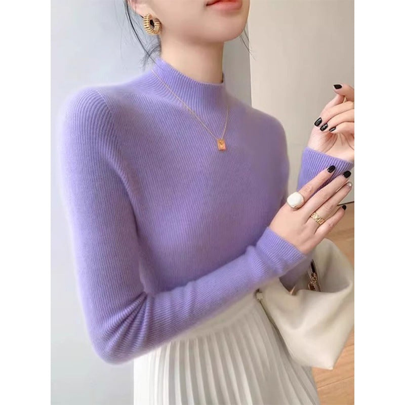 Women's knitted pullover with stand-up collar, fitted