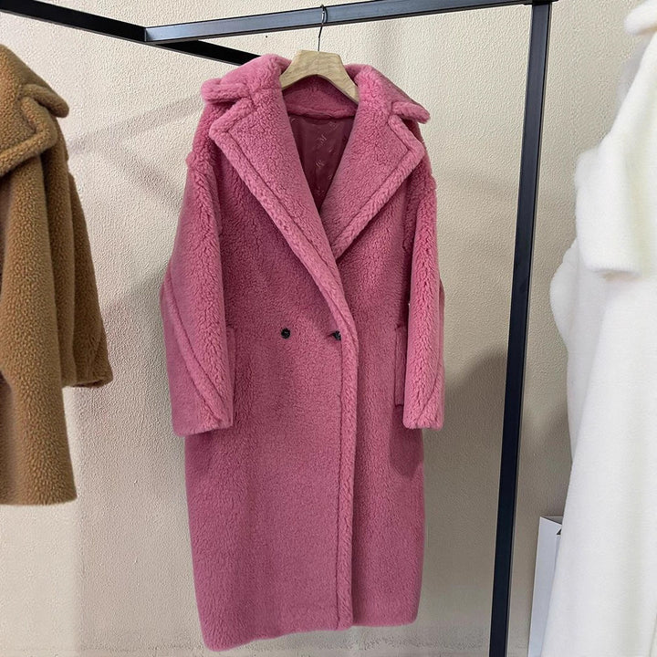 Long teddy coat made of alpaca wool, loose fit