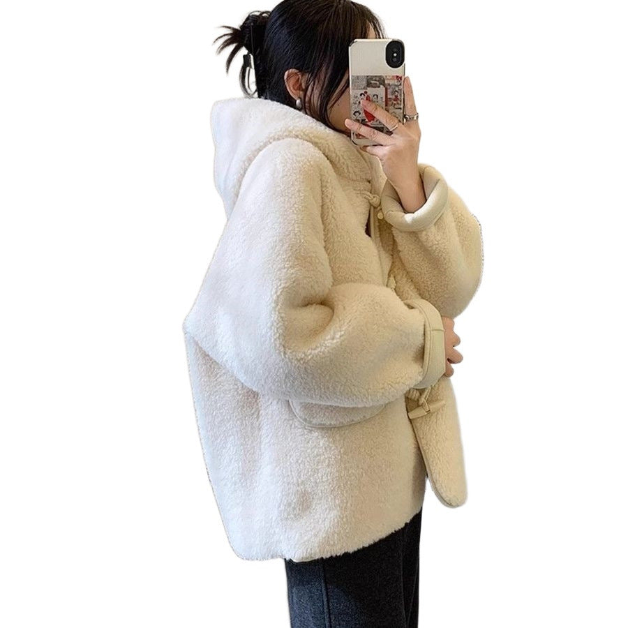 Women’s Lambskin Imitation Coat with Toggle Buttons and Hood