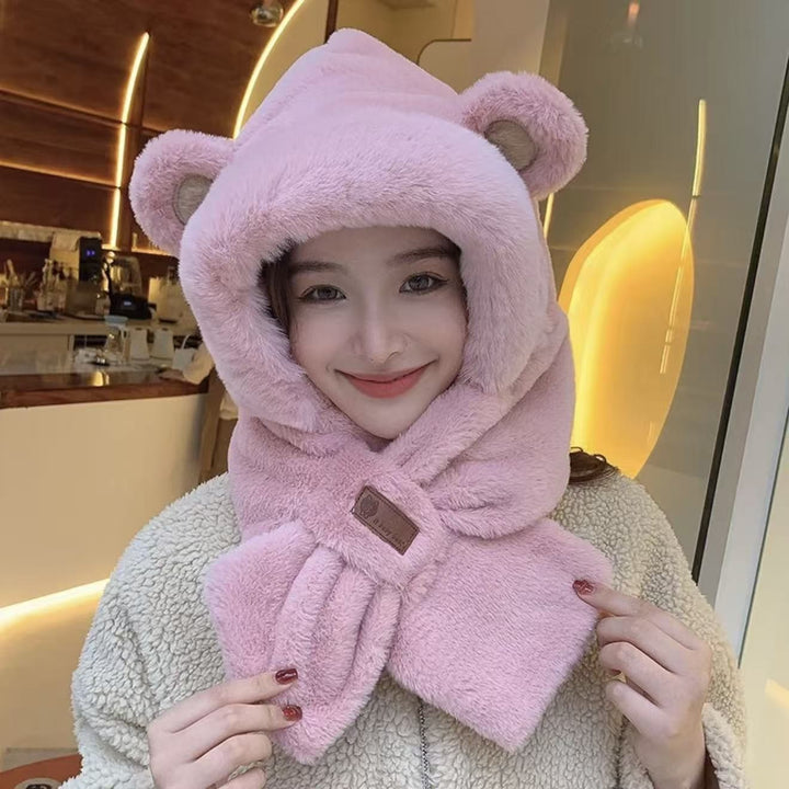 Women's plush hat with bear ears and scarf set
