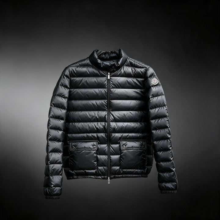 Light women's down jacket, stand-up collar, white goose down