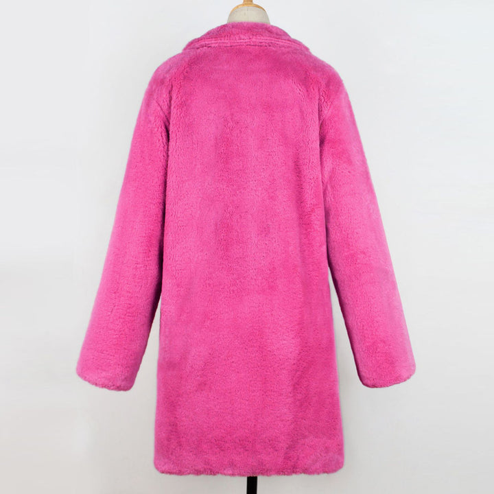 Long women's faux fur coat with lapel collar