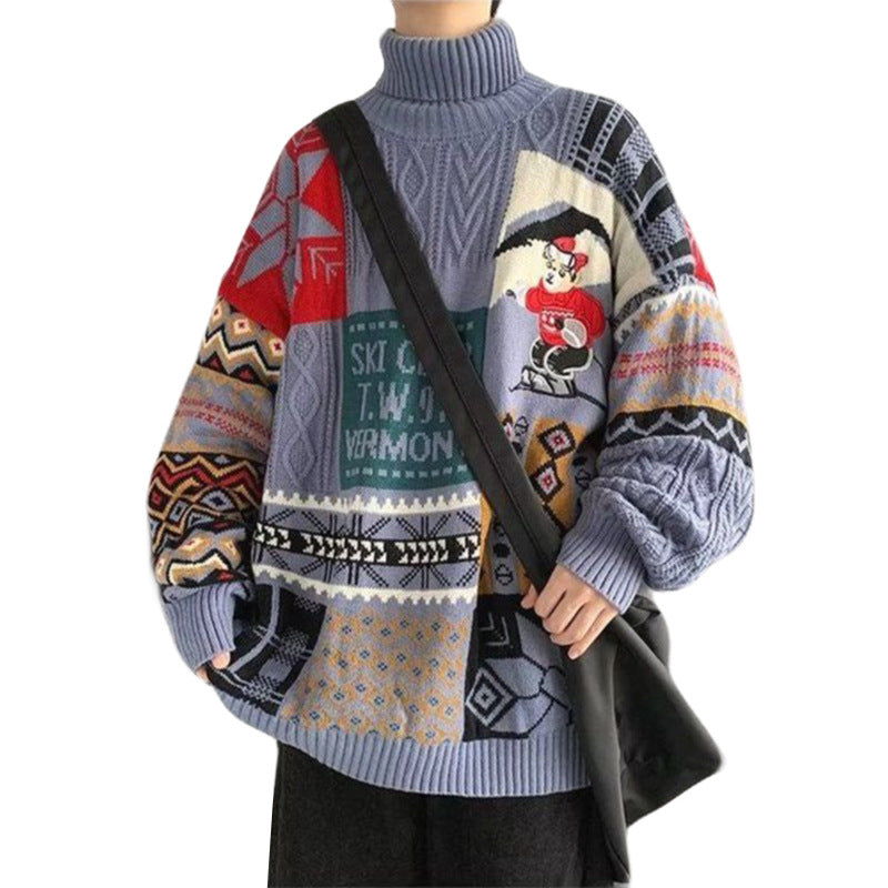 Men's knitted sweater with bear embroidery and stand-up collar
