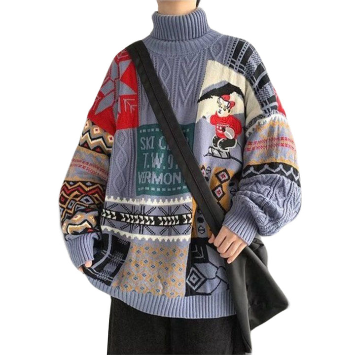 Men's knitted sweater with bear embroidery and stand-up collar