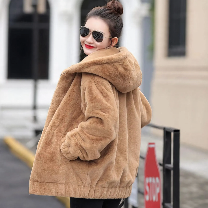 Fluffy hooded coat in rabbit fur look