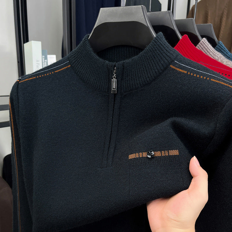 Men's knit sweater with stand-up collar and zipper