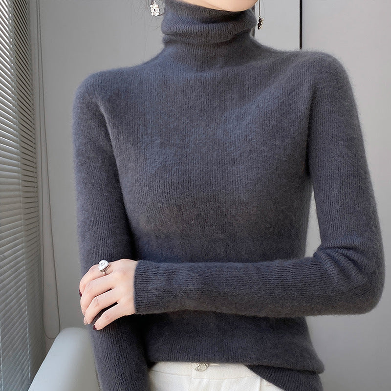 Women's knitted pullover with stand-up collar, long-sleeved, lined