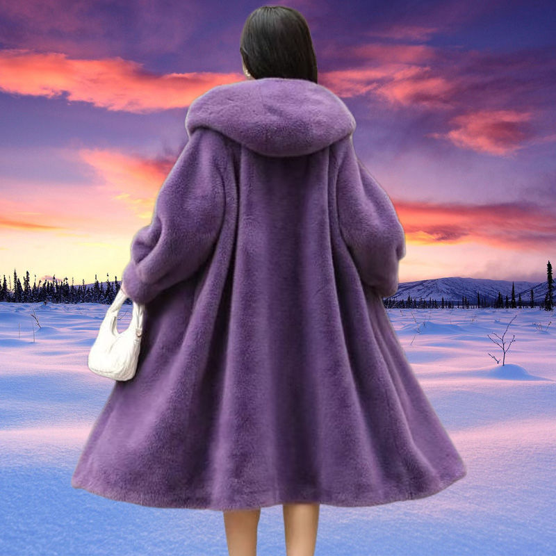 Mid-length coat in mink fur look with hood