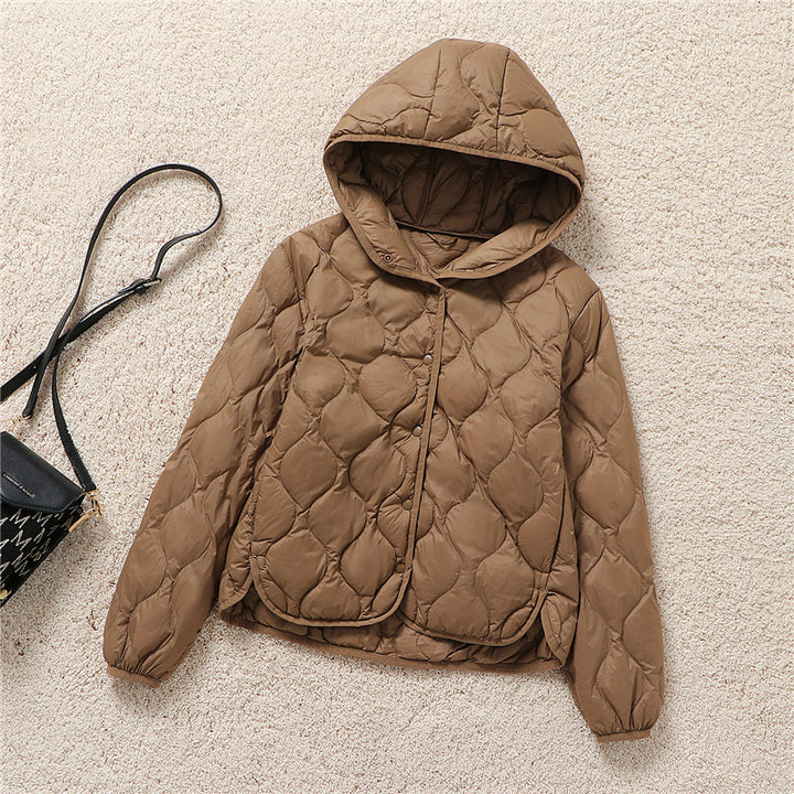 Light women's down jacket, short, with hood