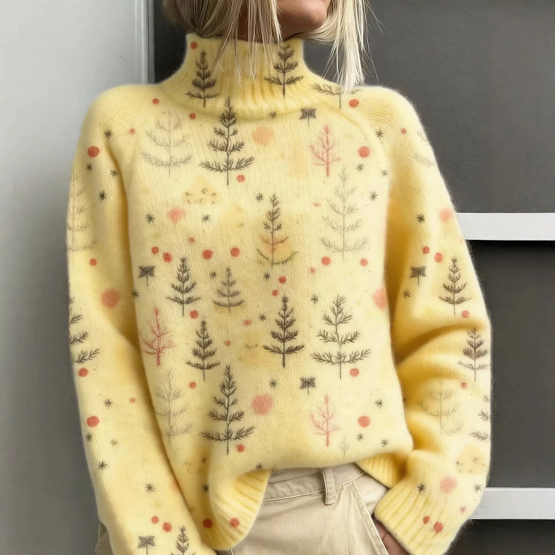Loose women's sweater with turtleneck and Christmas print