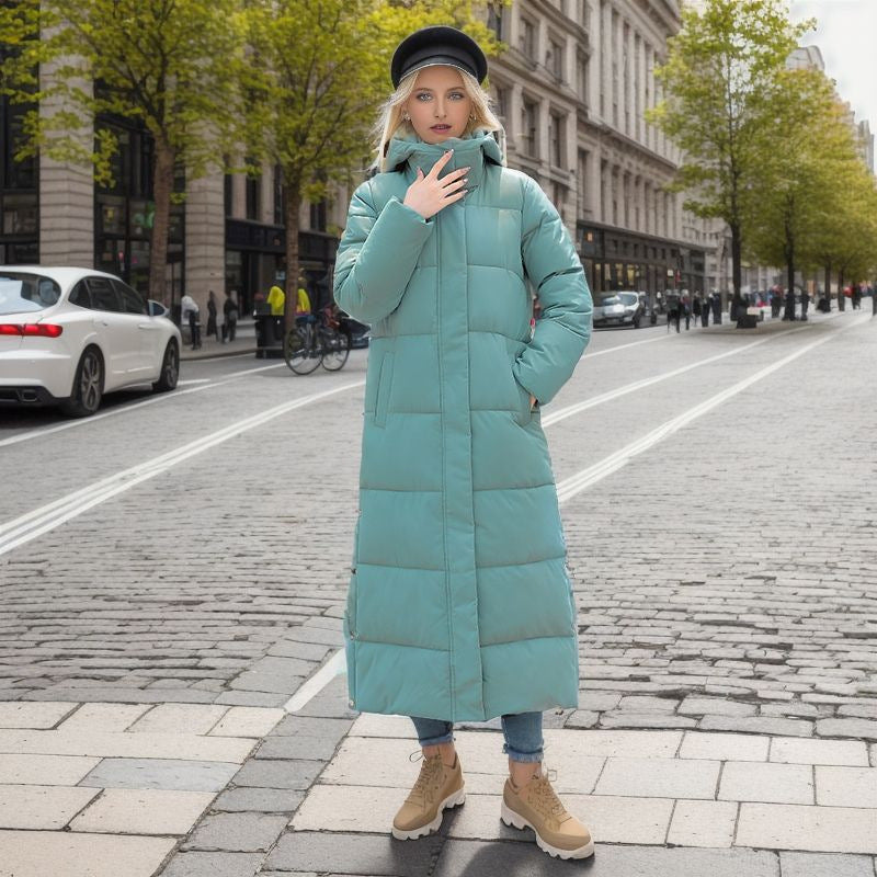 Longer, fitted women's winter coat with hood