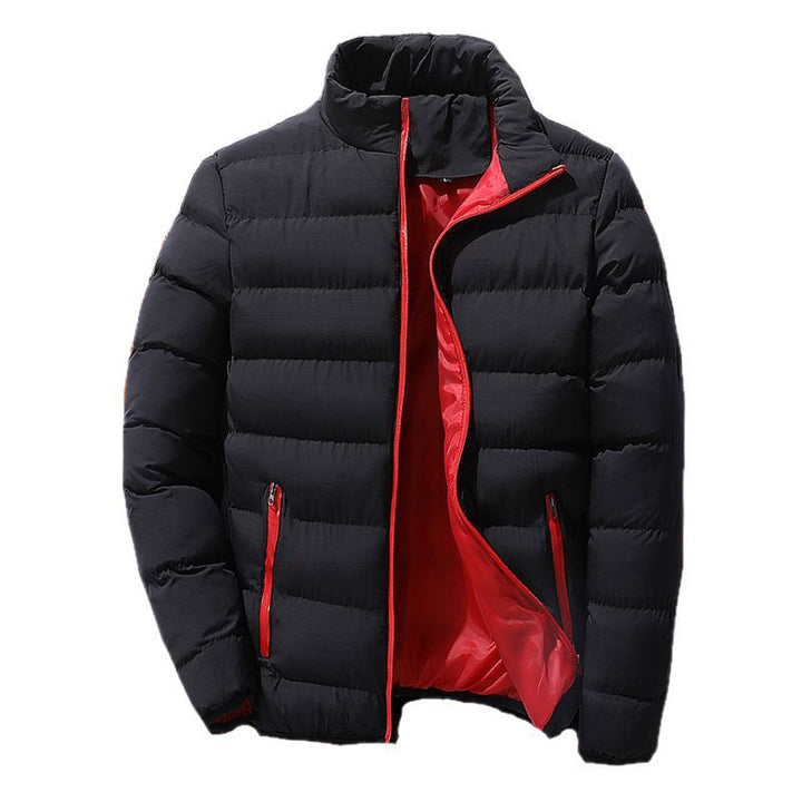 Padded men's quilted jacket with stand-up collar for outdoor activities
