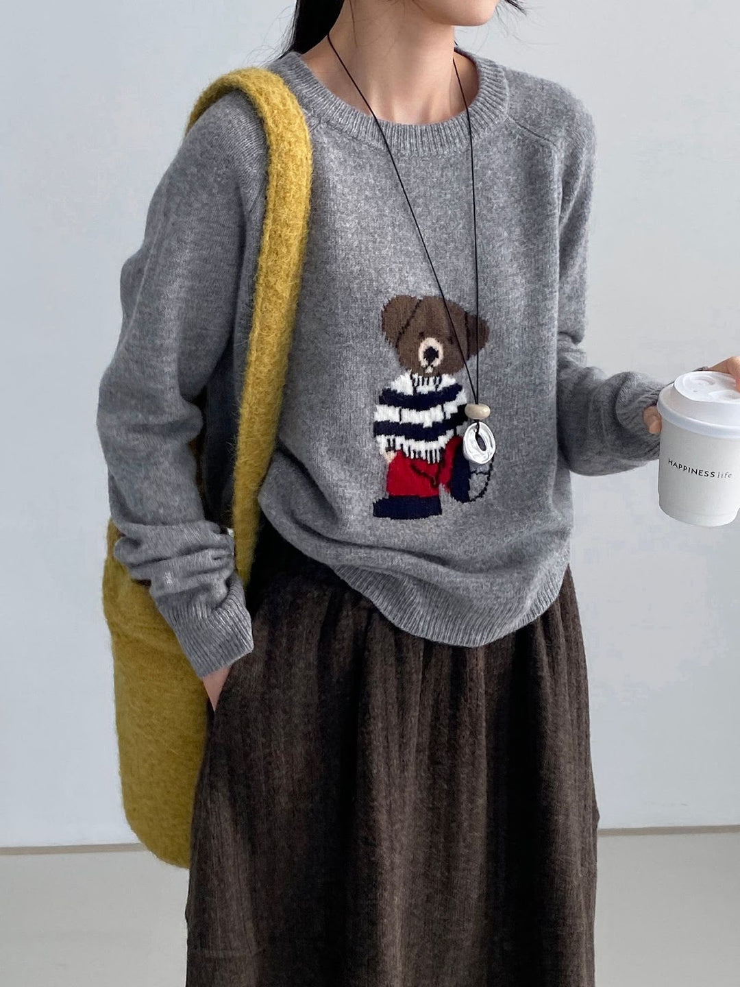 Women’s knit sweater, round neck, bear embroidery