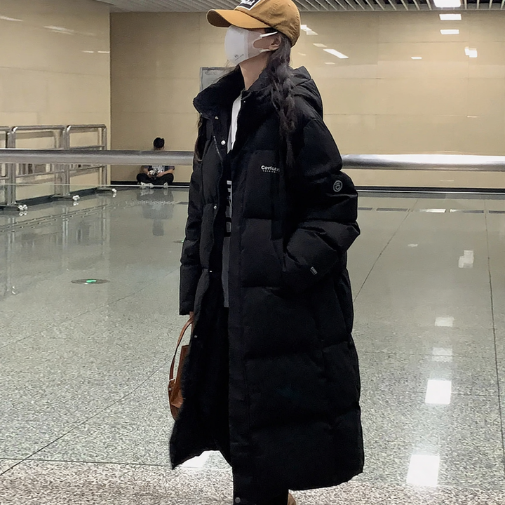 Long, padded women's winter jacket, loosely fitted