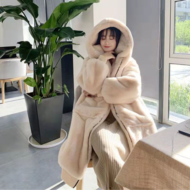 Long women's faux fur coat with hood