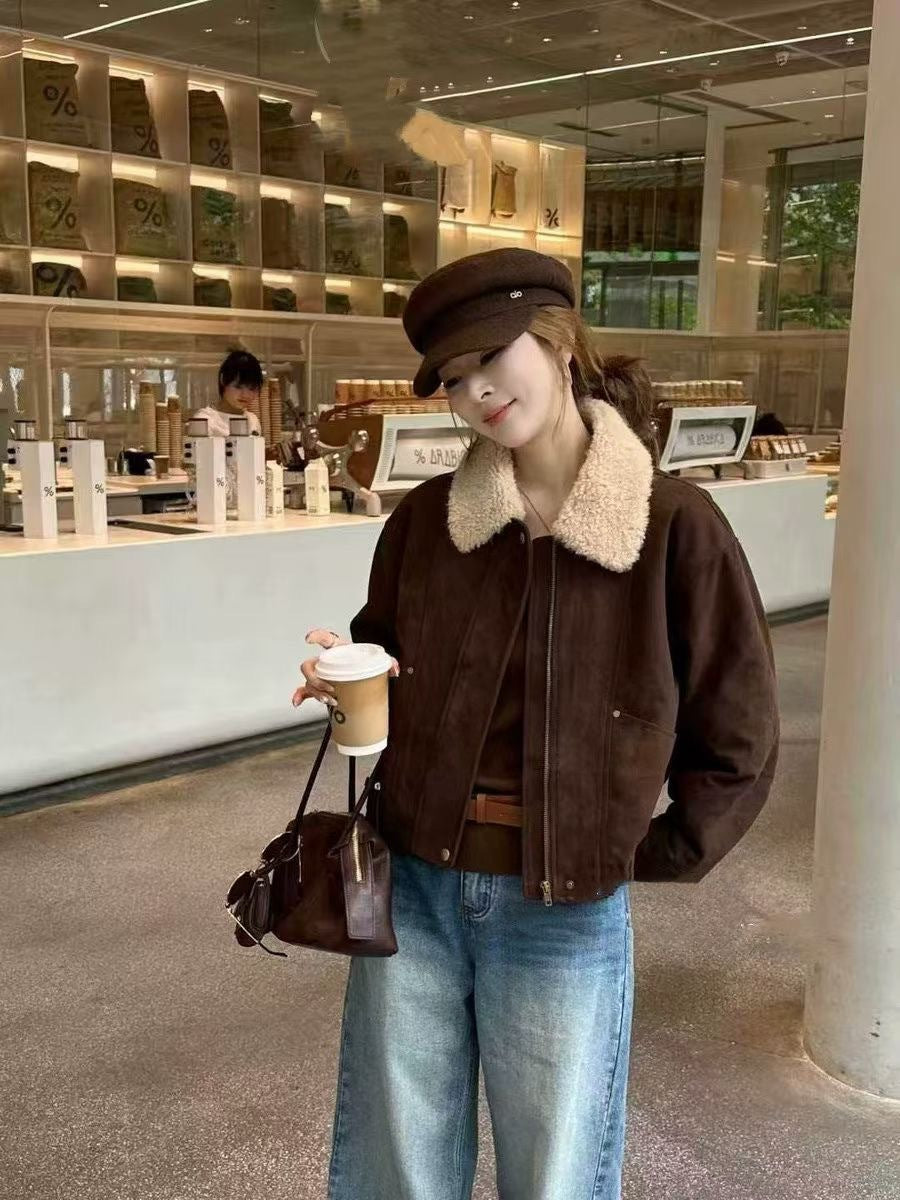 Women’s winter jacket, suede look, lambskin lining