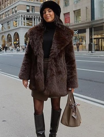 Long faux fur coat with large lapels