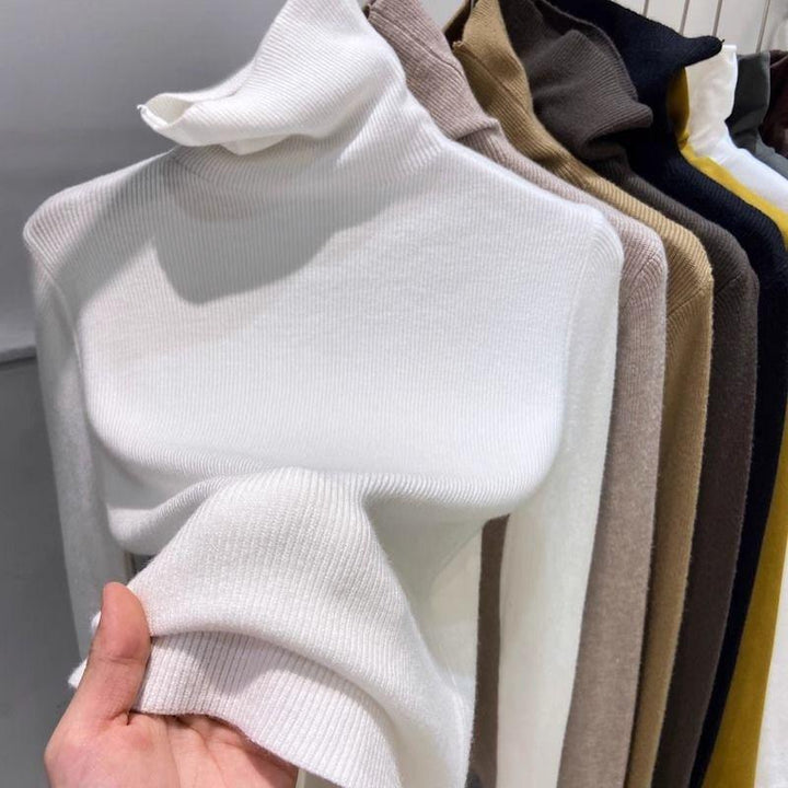 Slimming women’s knitted sweater with stand-up collar