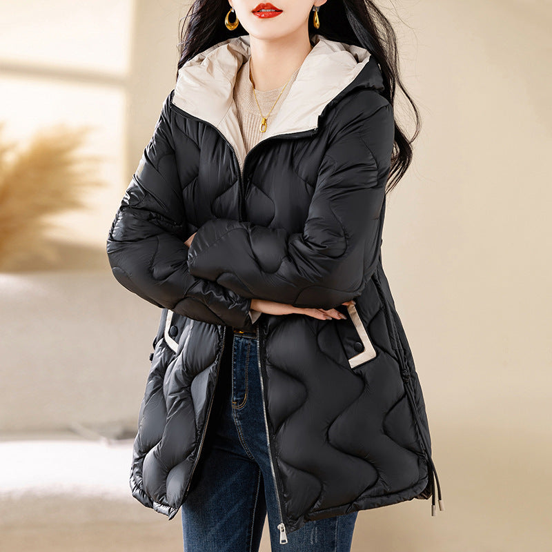 Women's quilted jacket, medium length, collarless
