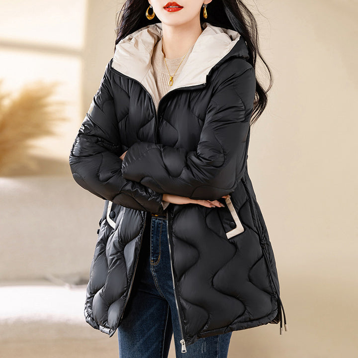 Women's quilted jacket, medium length, collarless