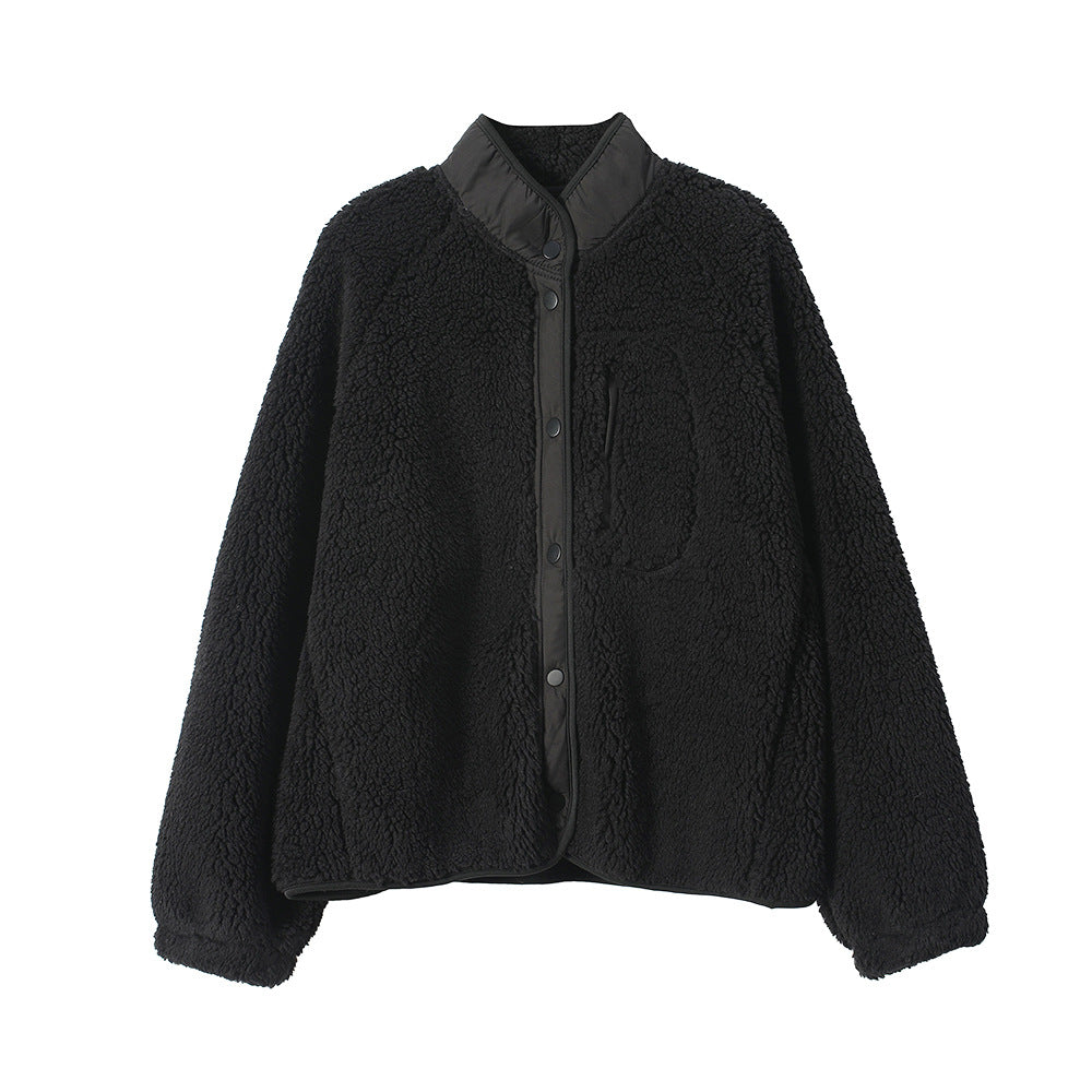 Padded fleece jacket with lambskin look and stand-up collar