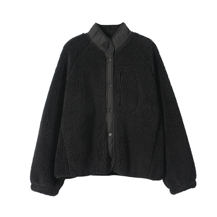 Padded fleece jacket with lambskin look and stand-up collar