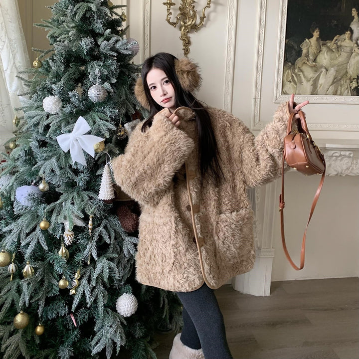 Reversible lamb fur imitation coat, medium length