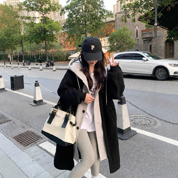 Lamb fleece imitation coat with hood, mid-length, padded