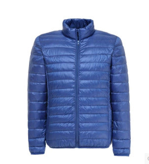 Light men's down jacket, stand-up collar, slim fit