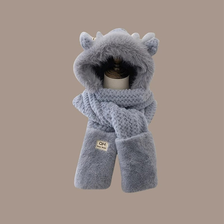 Women's Winter Set: Plush Hooded Hat with Scarf and Gloves