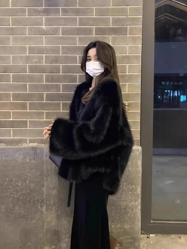 Black faux fur coat for women