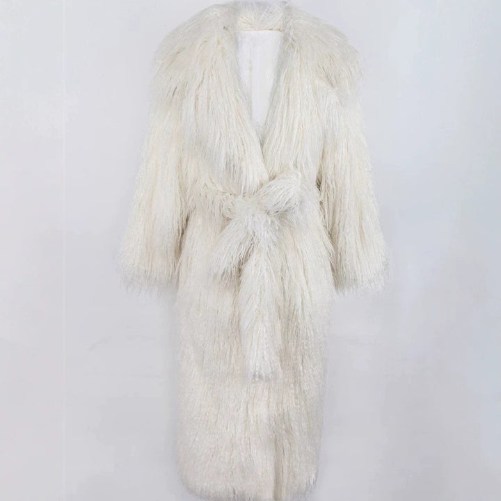 Long faux fur coat with tie belt and lapel collar